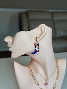 Gold-Tone Red, White & Blue Cowboy Boot Drop Earrings